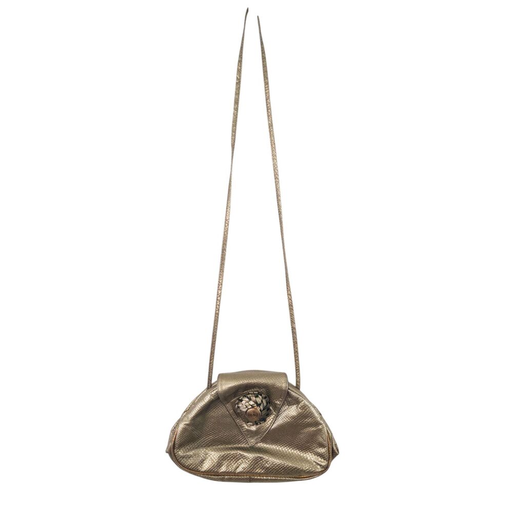 Vintage 80s Metallic Bronze Snakeskin Embossed Crossbody Boho Rosette Detail